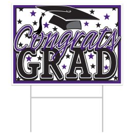 60 Bulk Plastic Congrats Grad Yard Sign - Purple/Black
