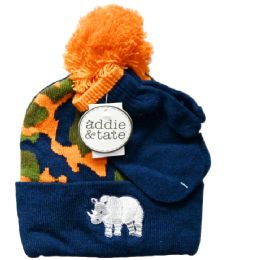 96 Bulk Kids' Navy Camo Knit Pom Beanie And Mittens Set With Rhino