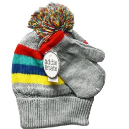 96 Bulk Kids' Gray Hat And Mittens Set With MultI-Color Pom Pom