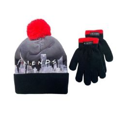 96 Bulk Black And Gray Friends Knit Hat & Glove Set With Red Pom