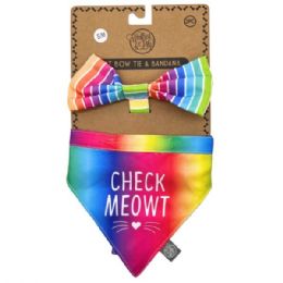 24 Bulk Pet Bow Tie And Small Bandana Set Rainbow Striped Check Meowt