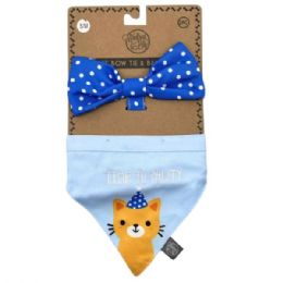 24 Bulk Pet Bow Tie And Small Bandana Set Dots And Squares With Blue Time To Pawty
