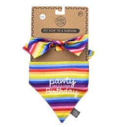 24 Bulk Pet Bow Tie And Small Bandana Set In Rainbow Striped Pawty Like It's Your Birthday