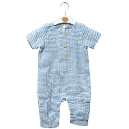 48 Bulk Infant Woven Cotton Gingham Short Sleeve Blue Romper Size 3-18Months