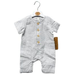 48 Bulk Newborn Woven Cotton Gingham Short Sleeve Grey Romper