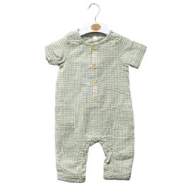 48 Bulk Infant Woven Cotton Gingham Short Sleeve Sage Romper