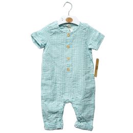 48 Bulk Newborn Woven Cotton Gingham Short Sleeve Blue Romper