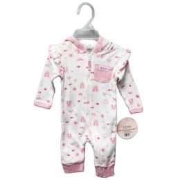 48 Bulk Baby Girl Pink Rainbow Print ZiP-Front Hooded Sleeper Romper