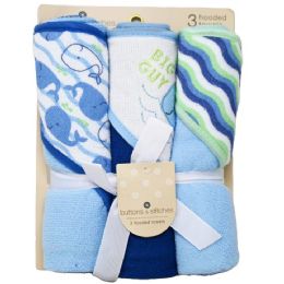 24 Bulk Infant Boys' Hooded Towel Set With Marine Theme 3pc