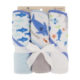 24 Bulk Infant Boys' Hooded Towel Set With Shark Theme (3-Piece)