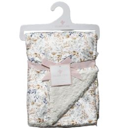 48 Bulk Peach Blue Floral Printed Mink & Sherpa Blanket