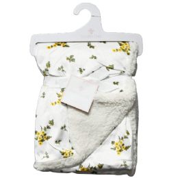 48 Bulk Mustard Ditsy Floral Printed Mink & Sherpa Blanket