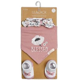 36 Bulk 3-Piece Mauve And Floral "blessed" Set: Headband, Bandana Bib, And Pairs Of Socks