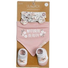 36 Bulk 3-Piece Pink And Floral "natural Beauty" Set: Headband, Bandana Bib, And Pair Of Socks
