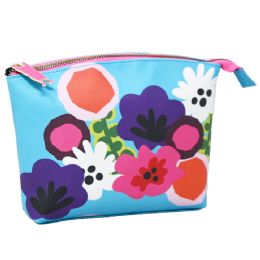 40 Bulk Bright Floral Print Cosmetic Pouch With Pink Zipper