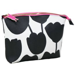 40 Bulk Black And White Graphic Tulip Print Cosmetic Bag With Pink Zipper