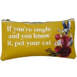 72 Bulk Mustard Pu Cosmetic Bag - "if You're Single And You Know It, Pet Your Cat"