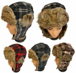 12 Bulk Plaid Aviator Winter Hats - Assorted