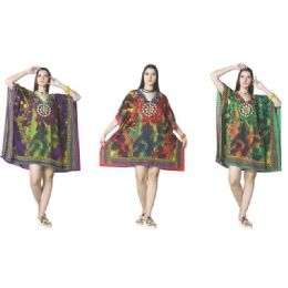 12 Bulk Tie Dye Animal Print Short Kaftan Tops - Assorted
