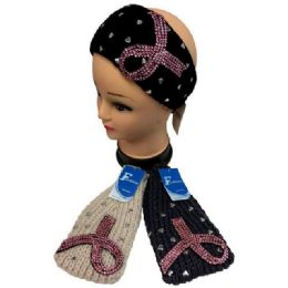 12 Bulk Pink Ribbon Rhinestone Headbands - Assorted