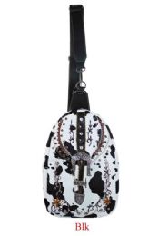 12 Bulk Western Style Rhinestone Buckle Cow Print Cross Backpack Black