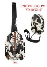 12 Bulk Western Style Rhinestone Buckle Cow Print Cross Backpack Brown