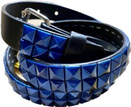 48 Bulk Metallic Blue Studded 2-Row Skinny Belts