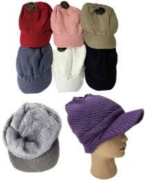 12 Bulk Solid Color Knitted Ladies Winter Hats With Bill - Assorted