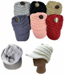12 Bulk Solid Color Knitted Ladies Winter Hats With Bill - Assorted