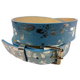 96 Bulk Butterfly Pattern Pu Leather Fashion Belts - Blue