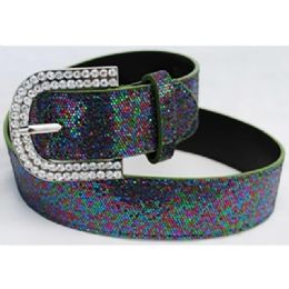 12 Bulk Multicolor Sparkle Belts With Rhinestone Buckle