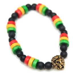 12 Bulk Rasta Color Beaded Bracelets With Lion Head