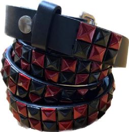 48 Bulk Metallic Red & Black Studded 2-Row Skinny Belts