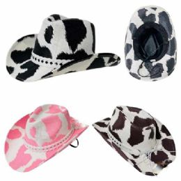 12 Bulk Painted Cow Print Cowboy Hats With Braided Band