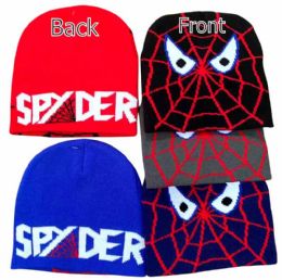 12 Bulk Spider Theme Kids Knitted Winter Beanies - Assorted