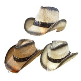 12 Bulk Classic Woven Cowboy Hat With Black Shading And Metal Cow Centerpiece