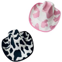 12 Bulk Cow Print Felt Cowboy Hats - Black And Pink