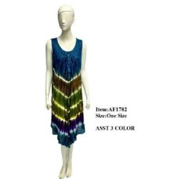 12 Bulk Rayon Acid Wash Multicolor Tie Dye Dresses - Assorted