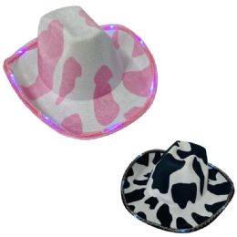 12 Bulk LighT-Up Cow Print Felt Cowboy Hats - Black & Pink