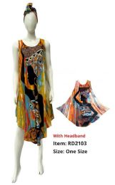12 Bulk Colorful Rayon Dresses With Headband - Tribal Art Print