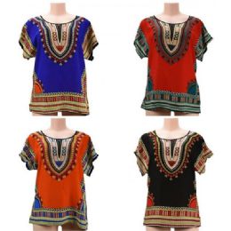 12 Bulk Summer Tribal Print Short Sleeve Tops - Assorted