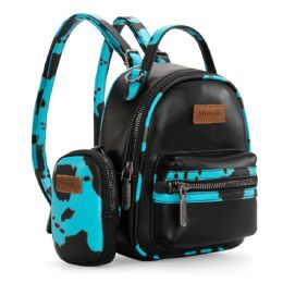 12 Bulk Wrangler Cow Print Trimmed Mini Backpack With Coin Pouch - Turquoise
