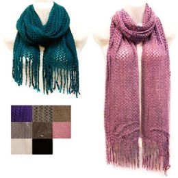 24 Bulk Knitted Net Style Scarves With Fringes Assorted Colors
