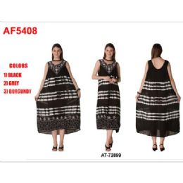 12 Bulk Rayon Crepe Tie Dye V-Neck Sectioned Long Dresses - Assorted