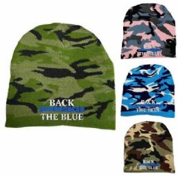 12 Bulk "back The Blue" Camo Winter Beanies - Assorted