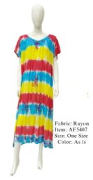 12 Bulk Rayon Crepe Long Tie Dye Dresses With V-Neck - Red/yellow/blue