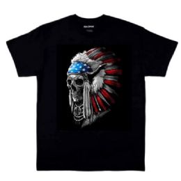 12 Bulk Patriotic Chief Skull Black Color T-Shirts