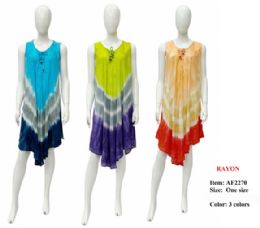 12 Bulk Rayon Tie Dye Embroidered Umbrella Dresses - Assorted