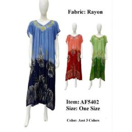 12 Bulk Rayon Crepe Tie Dye Cap Sleeve Long Dresses With V-Neck - Assorted