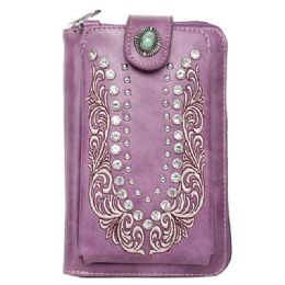 12 Bulk Montana West American Bling Embossed Crossbody Wallet Purse - Purple